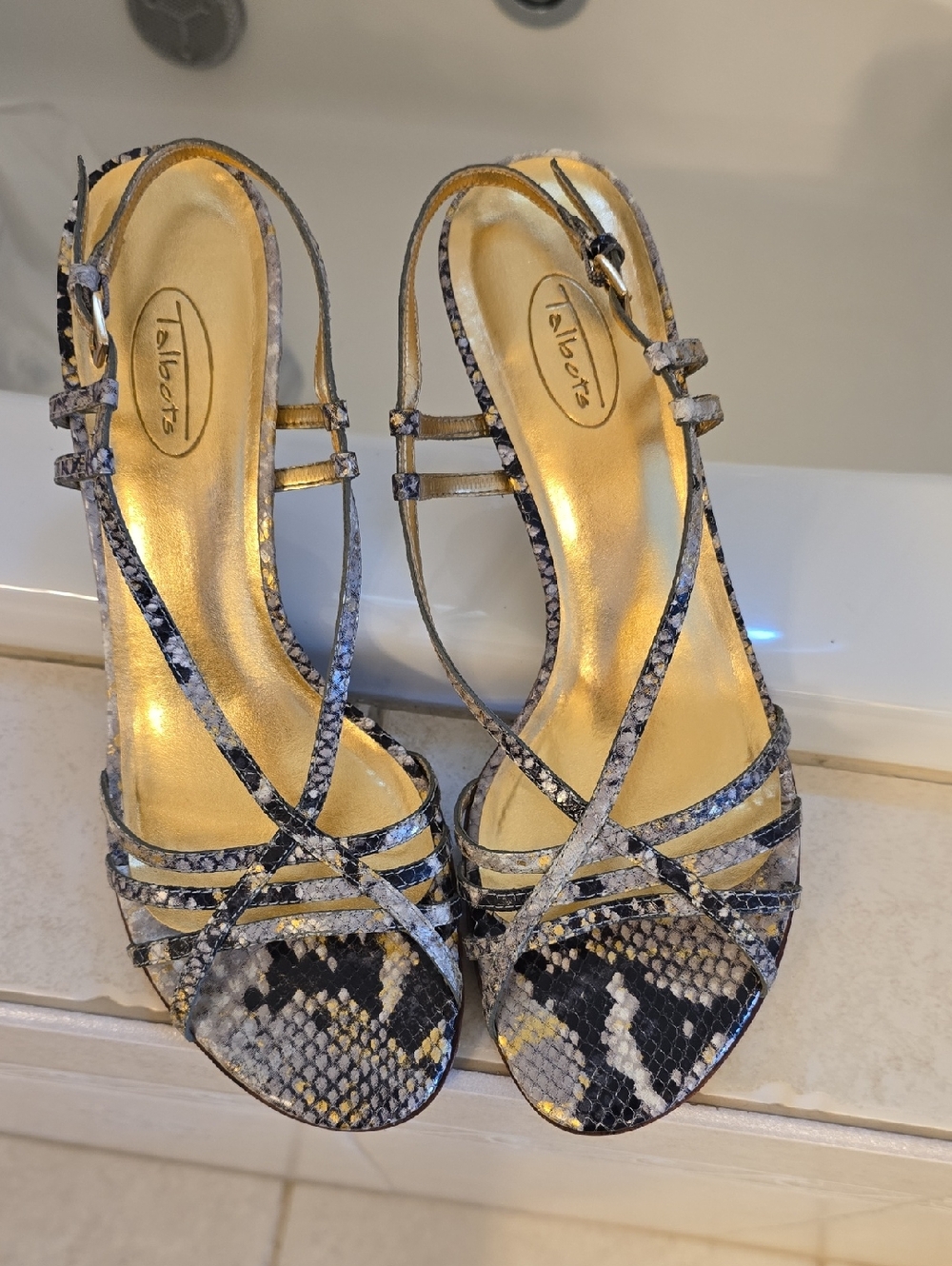 Talbots Snake-Print Strappy Sandals in Gray and Black